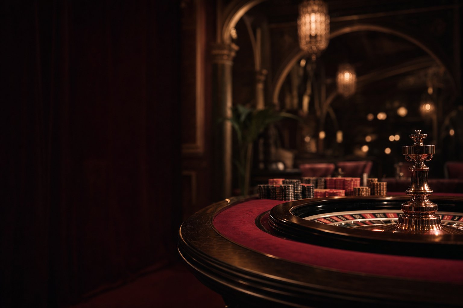 Salón de casino español con terciopelo granate y luz de araña de bronce sobre el borde de una mesa de juego