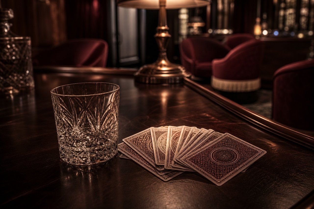 Copa de cristal en la barra de un casino con naipes boca abajo y sillones de terciopelo al fondo
