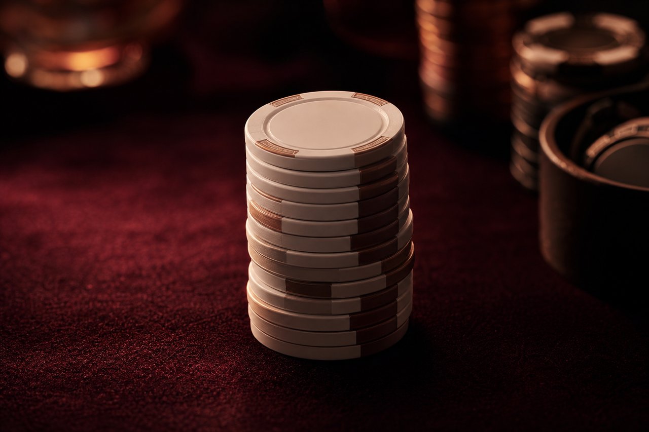 Torre de fichas de casino sin marcar sobre fieltro granate