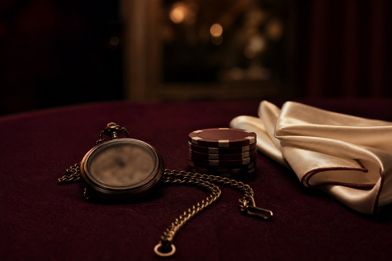 Reloj de bolsillo de bronce con cadena sobre fieltro granate junto a fichas de casino
