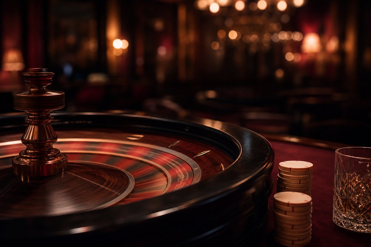 Rueda de ruleta girando desenfocada junto a fichas y una copa al borde de la mesa