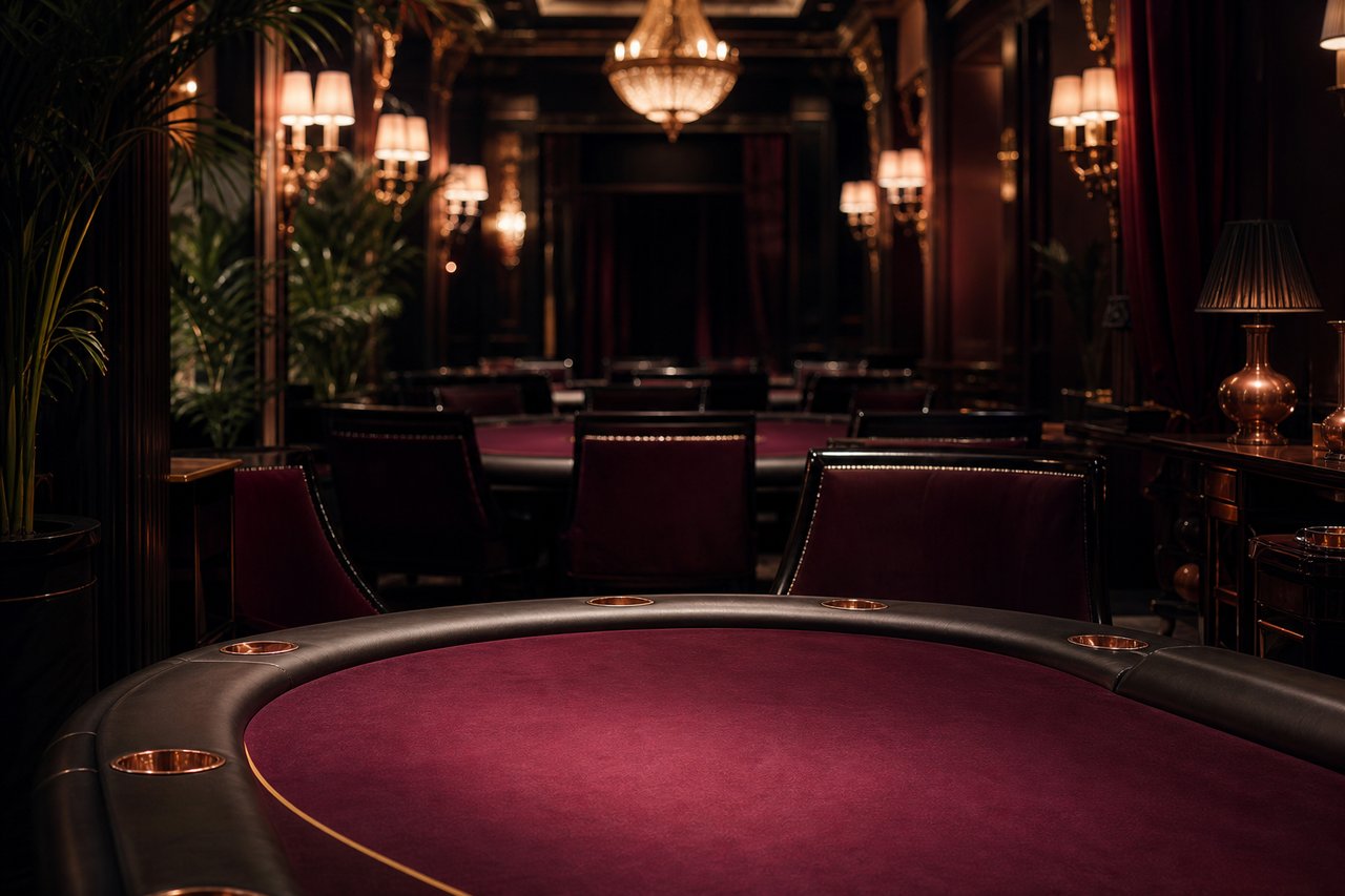 Salón de un casino elegante con mesas de fieltro granate bajo luz de bronce