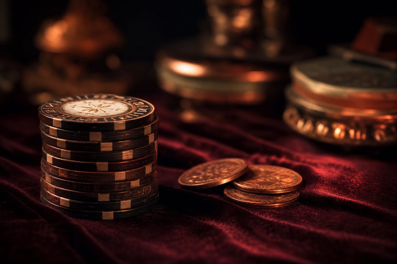 Fichas de casino y monedas sobre terciopelo granate