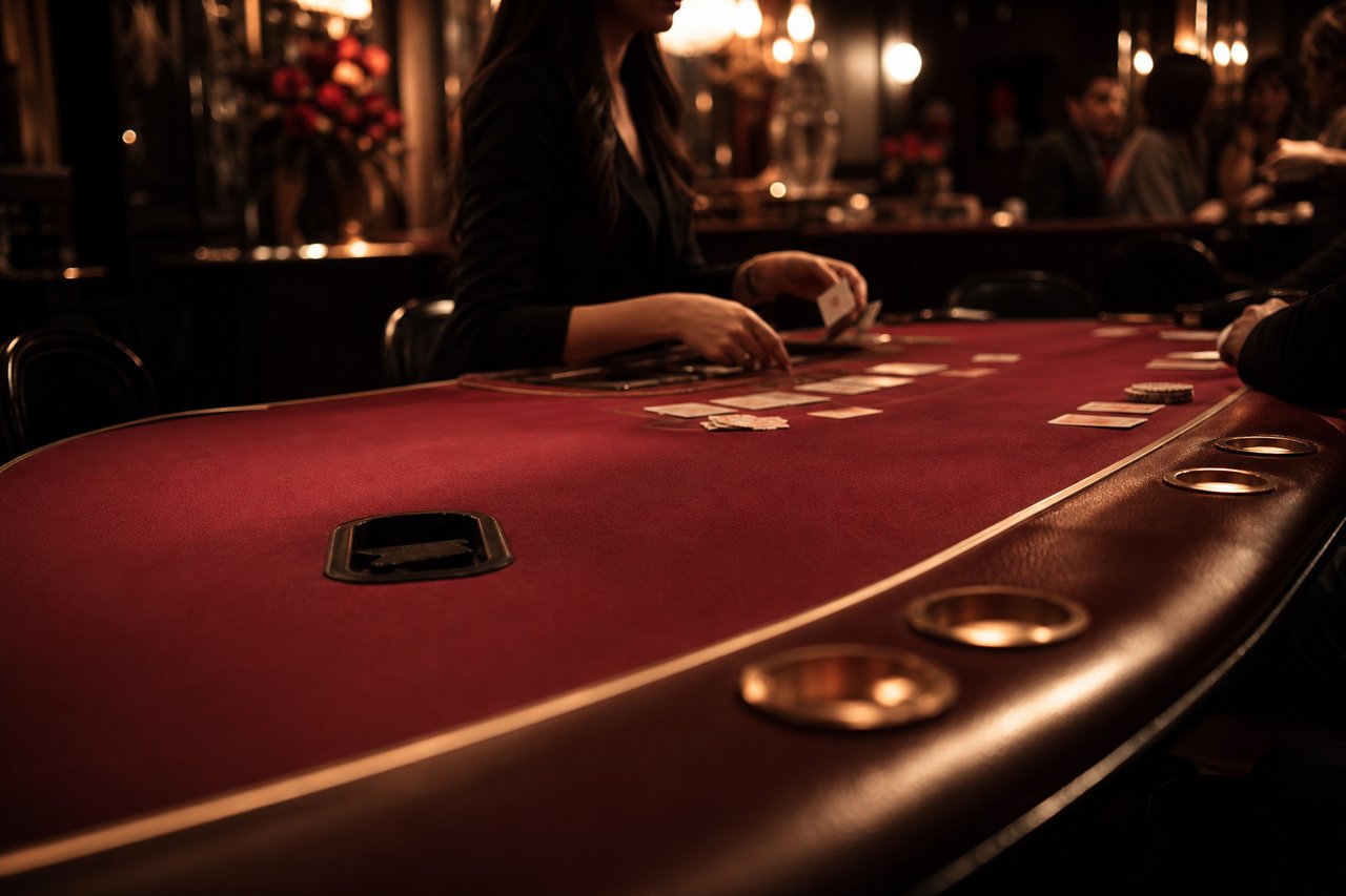 Mesa de casino en vivo bajo luz cálida de bronce