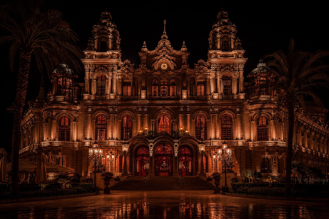 Fachada iluminada de un casino histórico europeo de noche