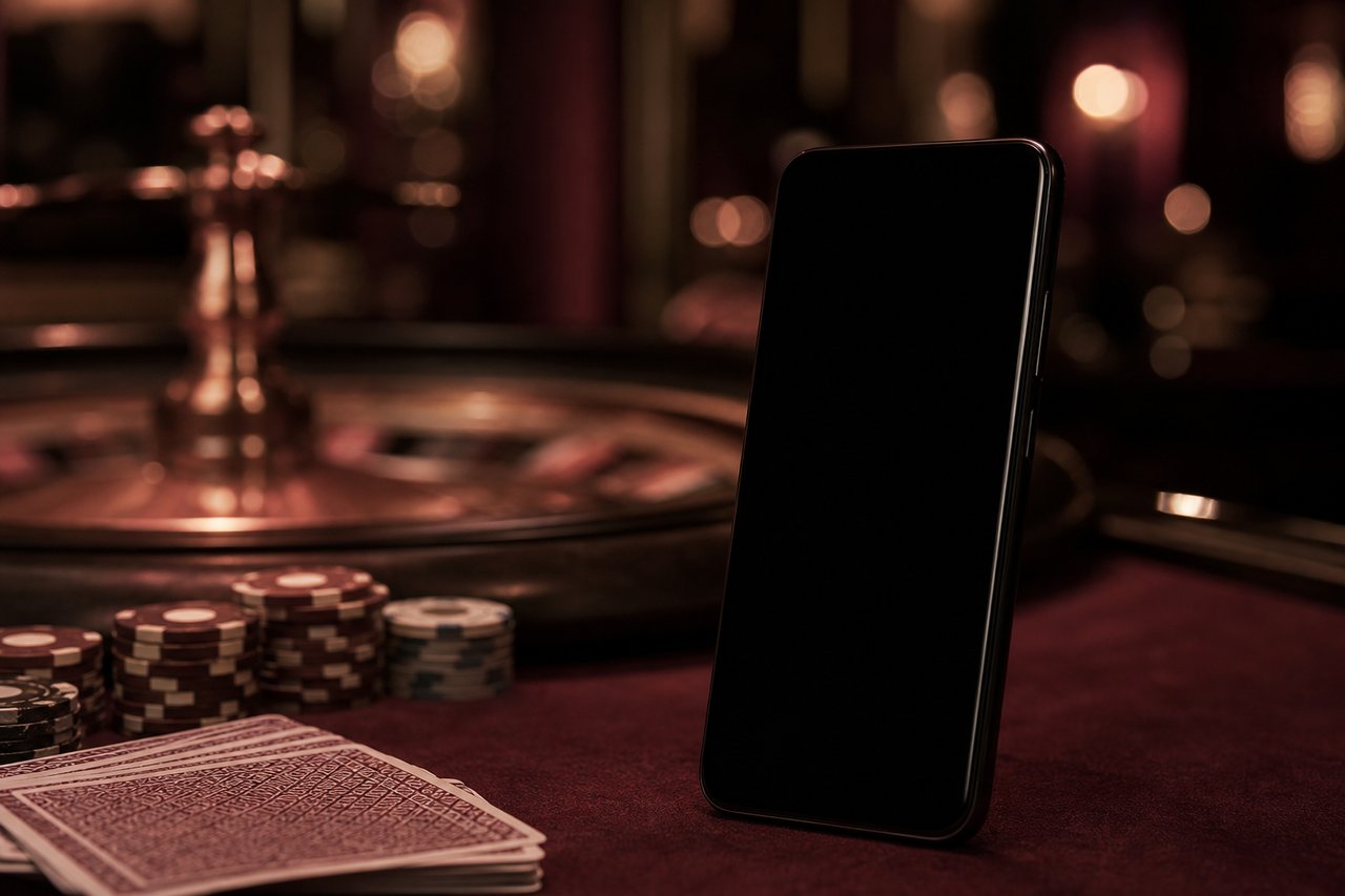 Smartphone apoyado con bokeh de casino detrás