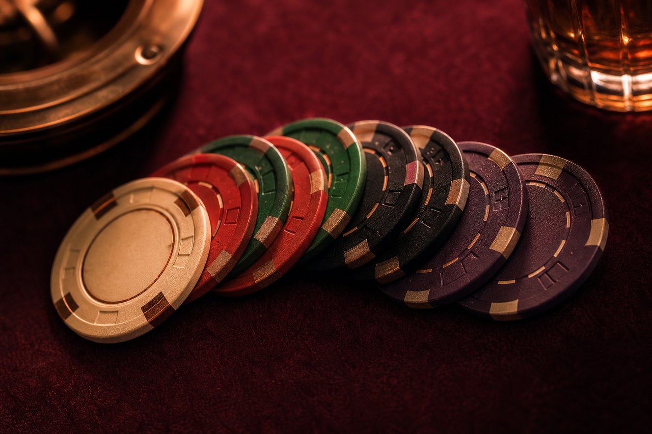 Abanico de fichas de casino de distintos colores sobre tapete granate
