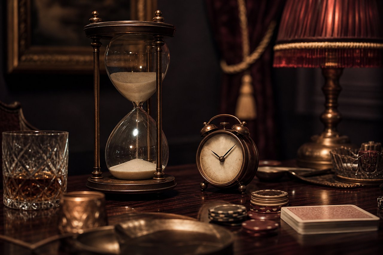 Reloj de arena y despertador sobre madera granate