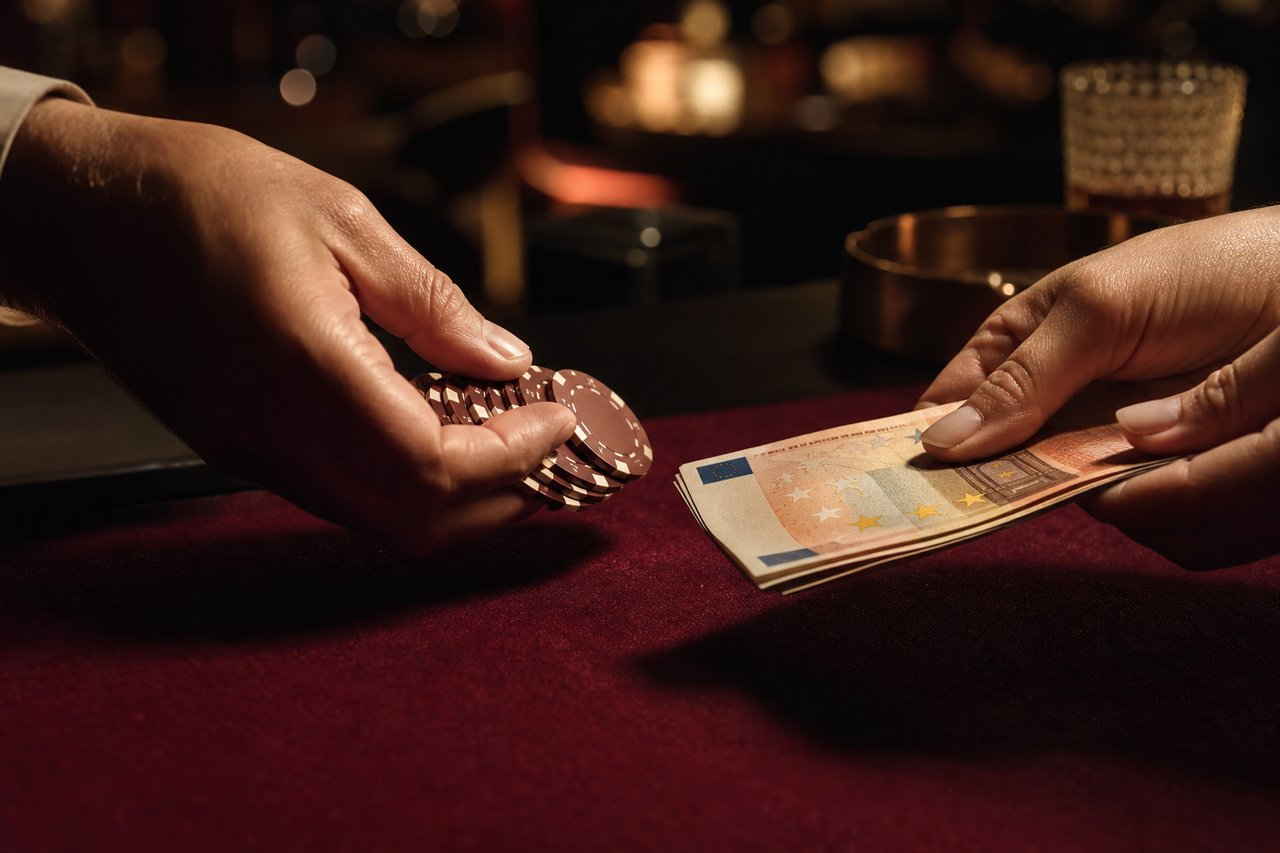 Fichas de casino cambiadas por billetes de euro sobre tapete granate