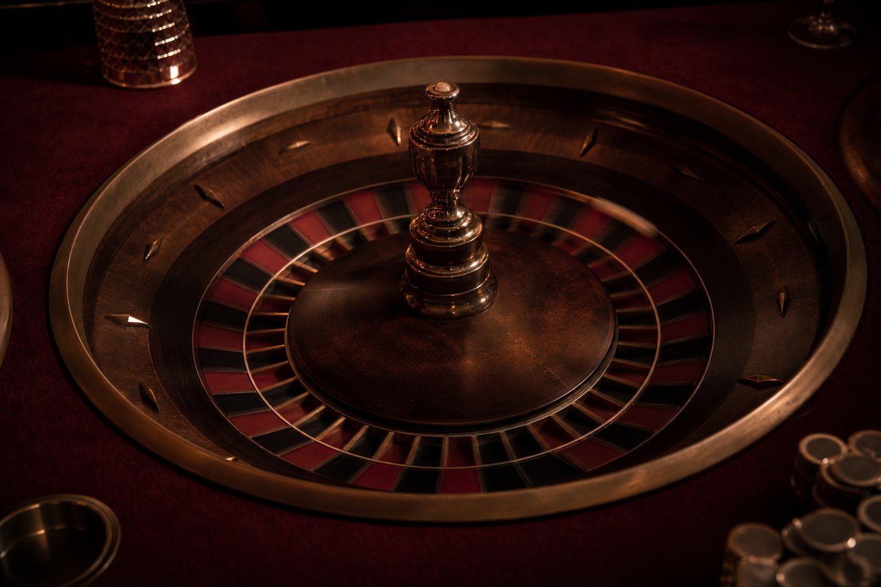 Ruleta europea en movimiento sobre tapete granate con aro de bronce